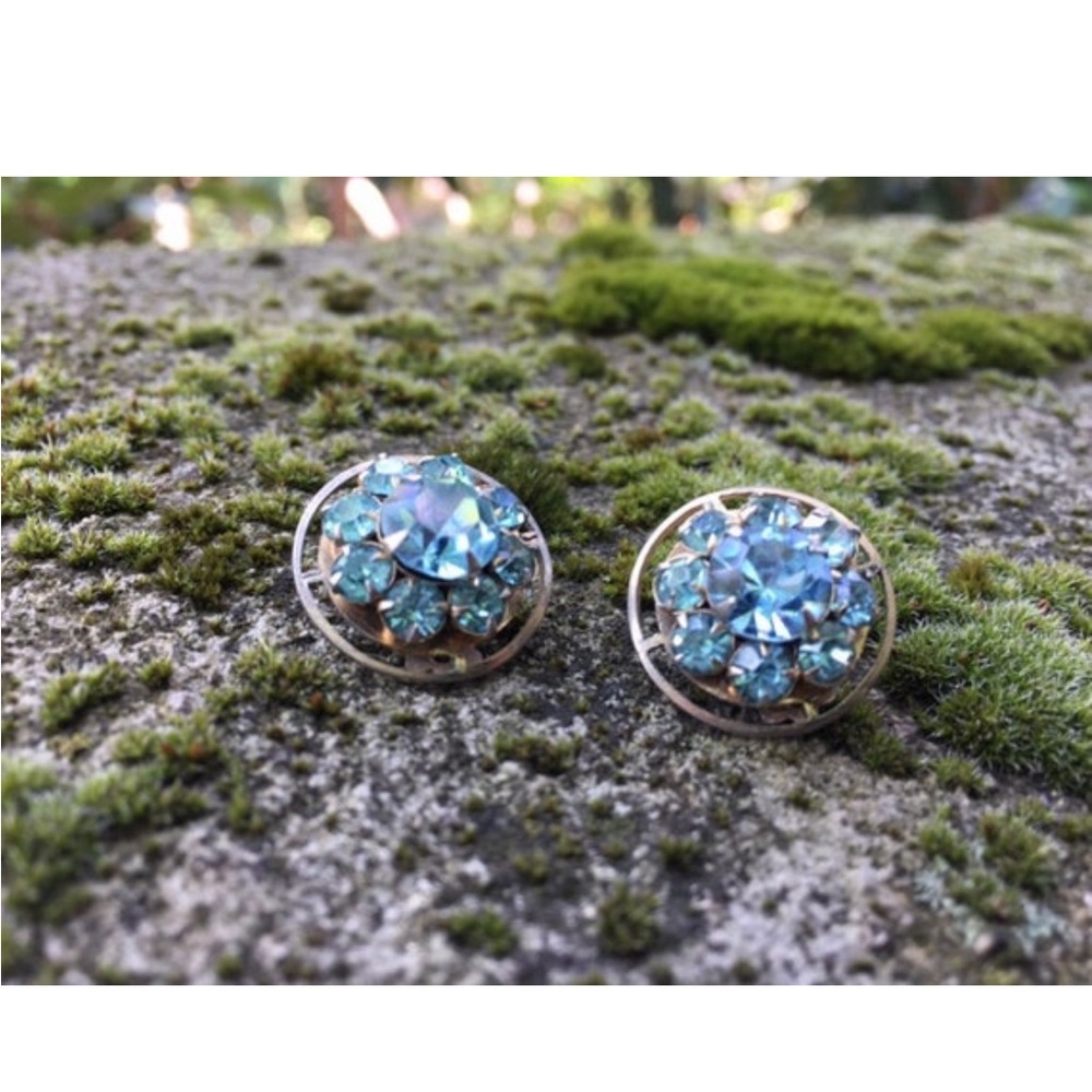 🖤 VTG 50’s Blue Rhinestone Flower Clip Weiss Earrings